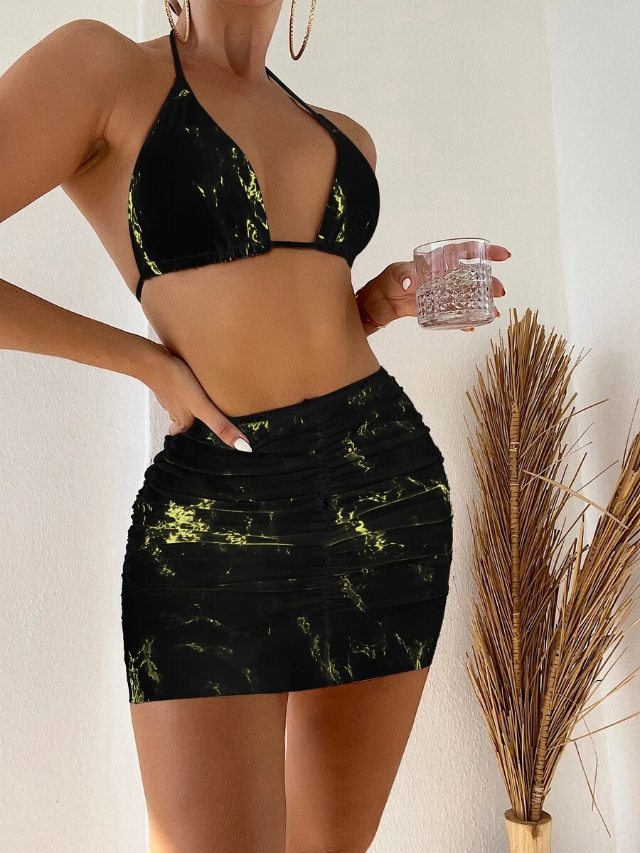 3packs Marble Print Halter Micro Triangle Bikini Set & Beach Skirt, For Summer Vacation - Black - View 1