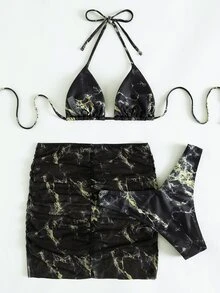 3packs Marble Print Halter Micro Triangle Bikini Set & Beach Skirt, For Summer Vacation - Black - View 2