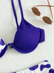 Cow Pattern Rib Drawstring Underwire Bikini Set, For Summer Beach Vacation - Blue and White - View 3