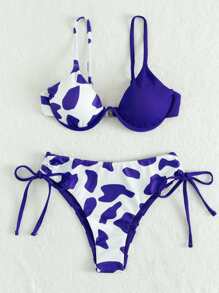 Cow Pattern Rib Drawstring Underwire Bikini Set, For Summer Beach Vacation - Blue and White - View 4