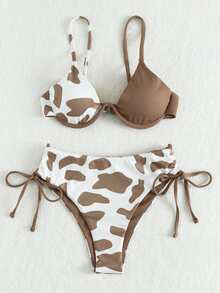 Cow Print Underwire Bikini, For Summer Beach Vacation - Multicolor - View 4