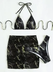 3packs Marble Print Halter Micro Triangle Bikini Set & Beach Skirt, For Summer Vacation - Black - View 4