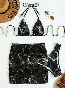 3packs Marble Print Halter Micro Triangle Bikini Set & Beach Skirt, For Summer Vacation - Black - View 5