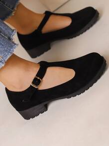 仿麂皮搭扣裝飾瑪麗珍平底鞋 - 黑色 - 查看 1
