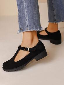 仿麂皮搭扣裝飾瑪麗珍平底鞋 - 黑色 - 查看 2