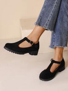 仿麂皮搭扣裝飾瑪麗珍平底鞋 - 黑色 - 查看 3