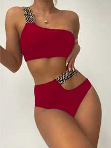 Stitch Detail Cut-Out Bikini - Burgundy - View 1