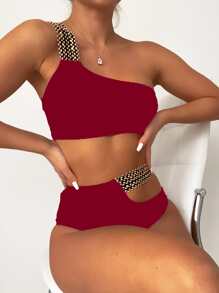 Stitch Detail Cut-Out Bikini - Burgundy - View 5