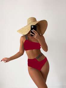 Stitch Detail Cut-Out Bikini - Burgundy - View 7