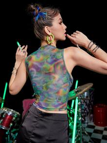 Graphic Print Cut Out Bustier Crop Mesh Tank Top - Multicolor - View 2