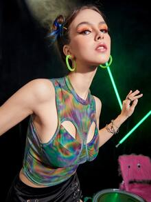 Graphic Print Cut Out Bustier Crop Mesh Tank Top - Multicolor - View 6