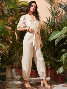 SHEIN Floral Embroidered Puff Sleeve Belted Jumpsuit - Apricot - View 1