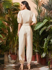 SHEIN Floral Embroidered Puff Sleeve Belted Jumpsuit - Apricot - View 2