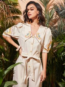 SHEIN Floral Embroidered Puff Sleeve Belted Jumpsuit - Apricot - View 4