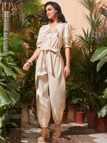 SHEIN Floral Embroidered Puff Sleeve Belted Jumpsuit - Apricot - View 5