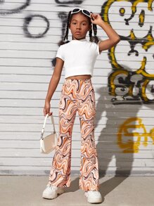 SHEIN Tween Girl Marble Print Flare Leg Pants - Multicolor - View 3