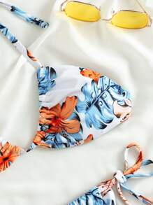 SHEIN Swim Tropical Print Halter Tie Side Bikini - Multicolor - View 3