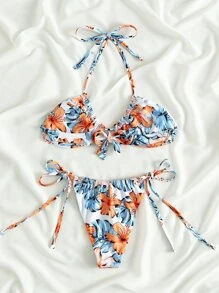 SHEIN Swim Tropical Print Halter Tie Side Bikini - Multicolor - View 5