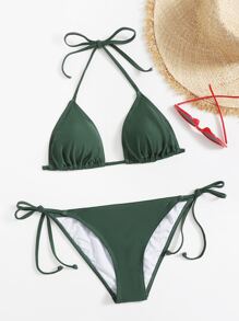 Sweetra Summer Beach Mono Bikini Set Halter Triangle Bra & Tie Side Bottom 2 Pieces Bikini