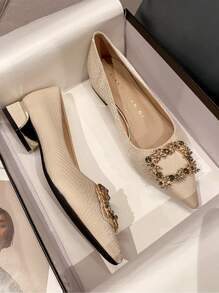 秋冬女士水钻金属装饰平底鞋，时尚尖头平底鞋情人节款 - 米色 - 查看 1