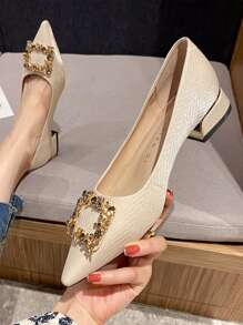 秋冬女士水钻金属装饰平底鞋，时尚尖头平底鞋情人节款 - 米色 - 查看 2