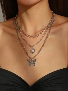 Mydear 水鑽裝飾蝴蝶墜飾多層次項鍊