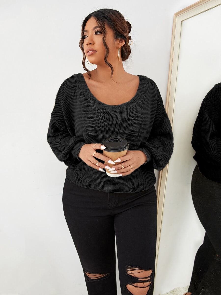 Áo len Plus Size Buộc lại màu trơn Giải trí - màu đen - Xem 1