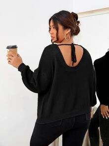 Áo len Plus Size Buộc lại màu trơn Giải trí - màu đen - Xem 2