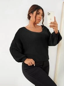 Áo len Plus Size Buộc lại màu trơn Giải trí - màu đen - Xem 3