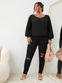 Áo len Plus Size Buộc lại màu trơn Giải trí - màu đen - Xem 4