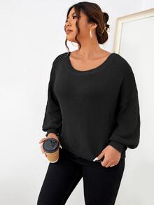 Áo len Plus Size Buộc lại màu trơn Giải trí - màu đen - Xem 5