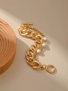 人造珍珠裝飾分層手鏈 - 金黃色 - 查看 2