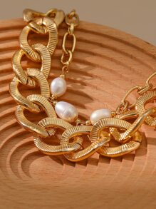 人造珍珠裝飾分層手鏈 - 金黃色 - 查看 5