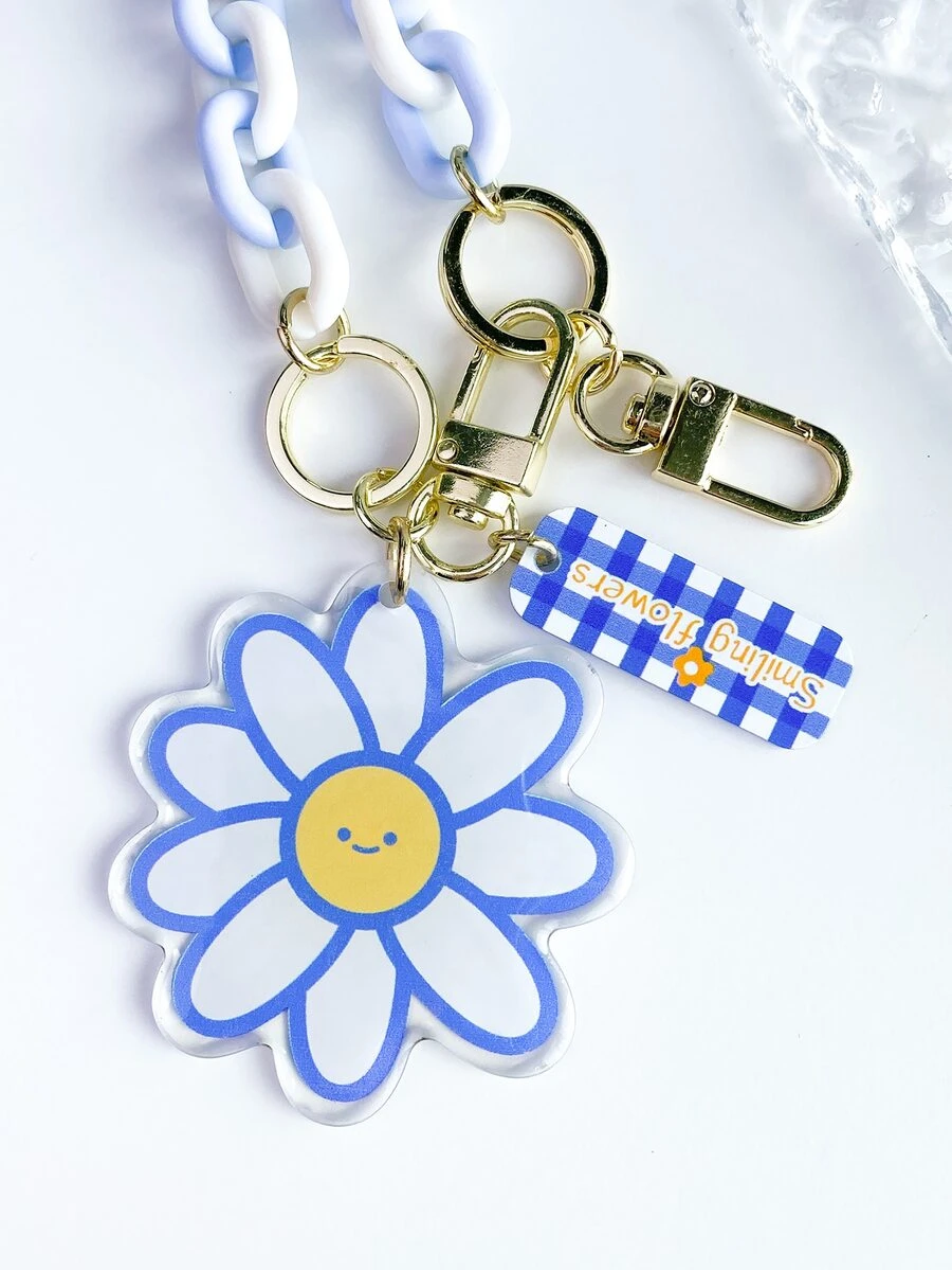 鏈條和花朵掛飾鑰匙圈 - 淺藍色 - 查看 1