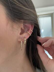 2對簡約耳墜和2入組耳夾銅首飾類 - 金黃色 - 查看 1