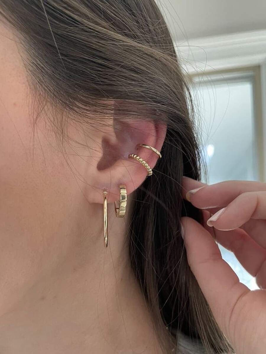 2對簡約耳墜和2入組耳夾銅首飾類 - 金黃色 - 查看 1