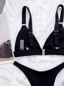 SHEIN Swim Summer Beach Rib Ring Linked High Cut Bikini - Black - View 3