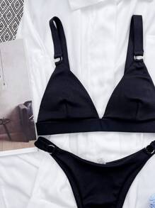 SHEIN Swim Summer Beach Rib Ring Linked High Cut Bikini - Black - View 5