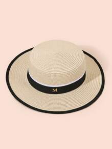 Metal Letter Decor Straw Hat - Beige - View 1