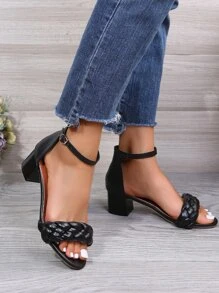 Braided Detail Ankle Strap Sandals - Black - View 3
