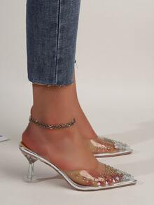 Tacones con diseño de diamante de imitación con tacón escultural de talón abierto - Albaricoque - Ver 4