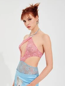 SHEIN ICON Colourblock Cutout Tie Backless Lace Bodysuit - Pink - View 3