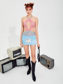 SHEIN ICON Colourblock Cutout Tie Backless Lace Bodysuit - Pink - View 4