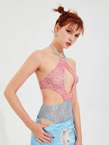 SHEIN ICON Colourblock Cutout Tie Backless Lace Bodysuit - Pink - View 5