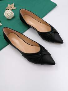 秋冬女士平底尖头芭蕾平底鞋，优雅休闲四季户外日常穿着罗马交叉带乐福鞋 - 黑色 - 查看 2