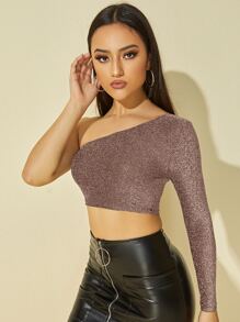 SHEIN BAE One Shoulder Glitter T-Shirt - Mocha Brown - View 5