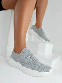 CUCCOO BASICS Knit Detail Lace-up Front Breathable Running Shoes - Grey - View 2