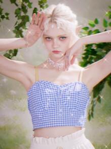 ROMWE Fairycore Áo hai dây Nút phía trước Kẻ sọc Giải trí - Màu xanh lam - Xem 1