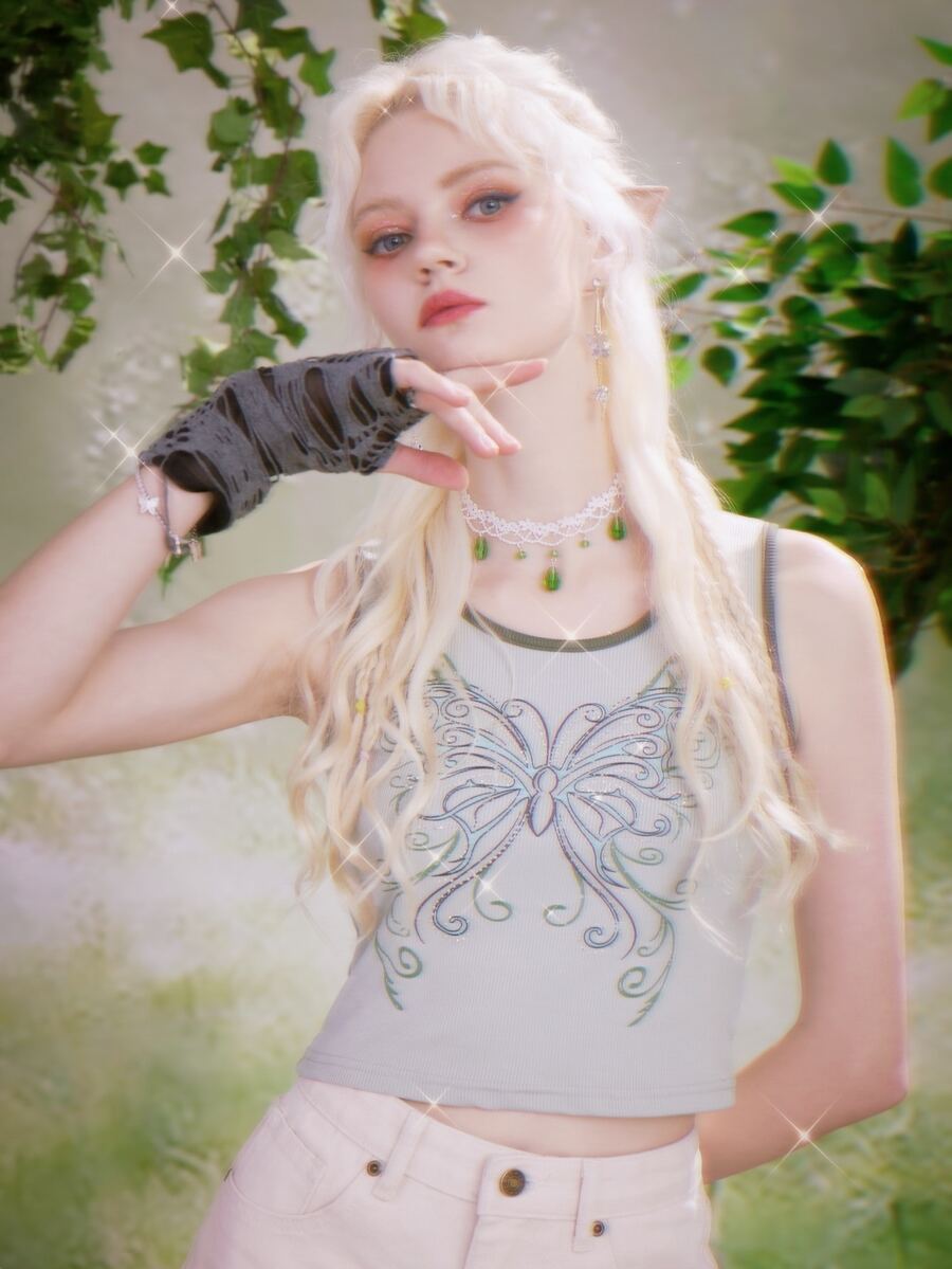 ROMWE Fairycore Áo hai dây Gân đan Tương phản ràng buộc Loại bướm Giải trí - Màu xanh Bạc hà - Xem 1