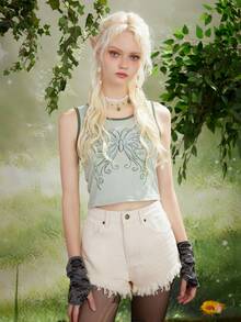 ROMWE Fairycore Áo hai dây Gân đan Tương phản ràng buộc Loại bướm Giải trí - Màu xanh Bạc hà - Xem 2